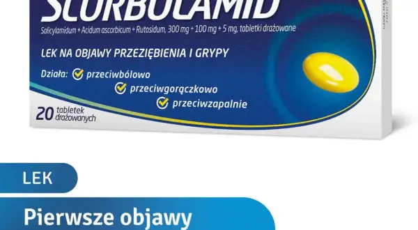 Opakowanie leku Scorbolamid na pierwsze objawy przeziębienia i grypy. Działa przeciwbólowo, przeciwgorączkowo i przeciwzapalnie.