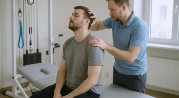 Fizjoterapeuta wykonuje masaż karku pacjentowi siedzącemu na kozetce.