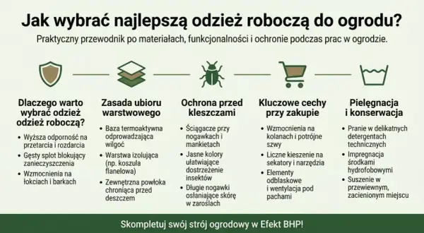 Przewodnik po wyborze odzieży roboczej do ogrodu: materiały, ochrona przed kleszczami, kluczowe cechy przy zakupie. Najlepsi producenci odzieży roboczej oferują trwałe i funkcjonalne rozwiązania.