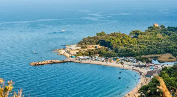 Una splendida spiaggia delle Marche, con un molo affollato, stabilimenti balneari e una pineta lussureggiante che si estende fino al mare.