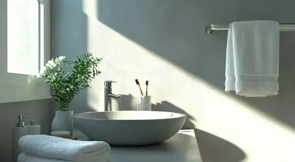 Lavabo moderno con encimera y paredes de microcemento baño. Toallas blancas, plantas y dispensadores de jabón.