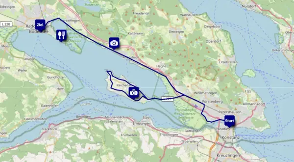 Rennradtour am Bodensee: Start in Konstanz, über Reichenau und Ziel am Radolfzeller See.