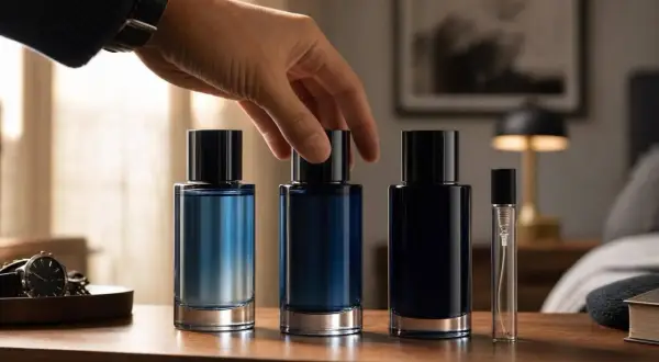 Dłoń sięga po flakonik perfum. Na drewnianym blacie stoją trzy butelki Christian Dior Sauvage w odcieniach błękitu i granatu, obok mały atomizer.