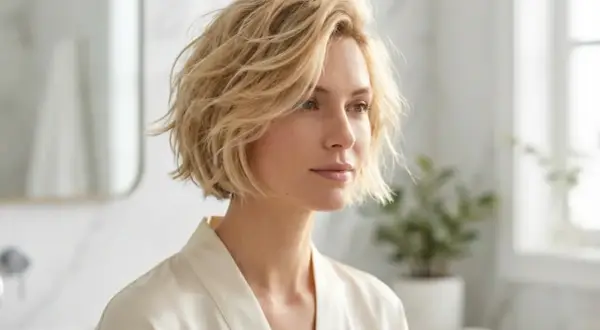 Kvinna med blont, texturerat kort hår som ser ut att vara stylat för en avslappnad men chic look.