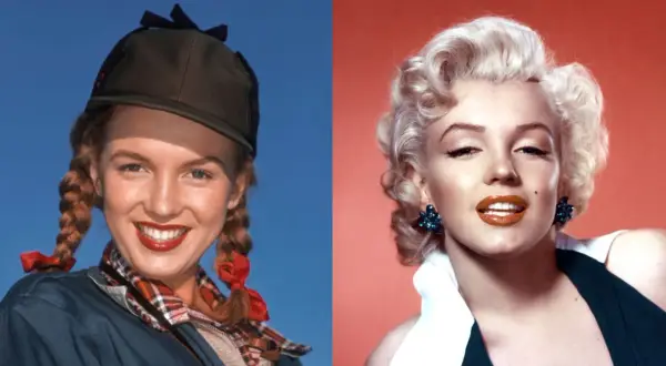 Marilyn Monroe ung med flätor och keps, bredvid en mer glamorös Marilyn Monroe med lockigt hår och stora örhängen.