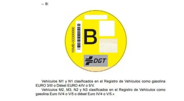 Pegatina DGT con letra B, para vehículos diésel EURO 4/IV o 5/V.