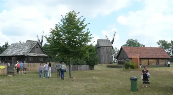 Skansen Osiek: drewniane budynki, wiatraki i ludzie spacerujący po trawie.