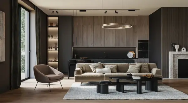 Nowoczesny salon z kuchnią, gdzie polski producent oświetlenia podkreśla elegancję wnętrza.