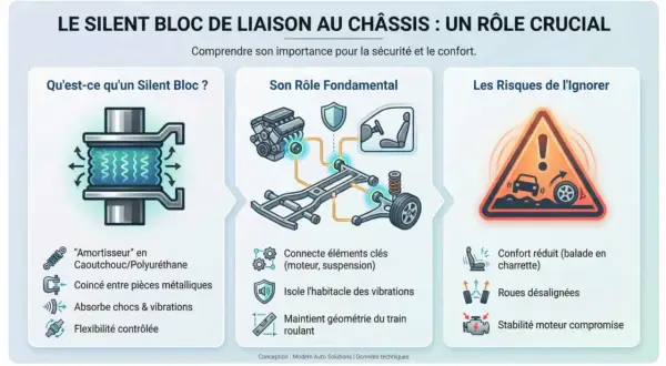 Le silentbloc de liaison au châssis, en caoutchouc, absorbe chocs et vibrations pour le confort et la sécurité. Il maintient la géométrie du train roulant.