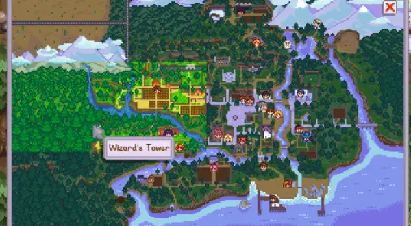 Mapa Stardew Valley Expanded z zaznaczonym Wieżą Czarodzieja. Widać farmę, miasteczko i lasy.
