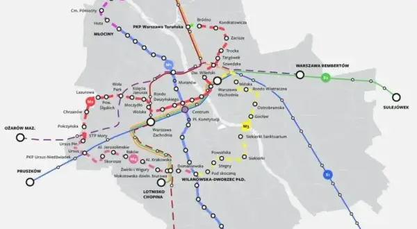 Mapa metra w Warszawie z liniami M1, M2, M3, M4 i S1, S3.
