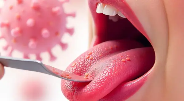 Lingua con papule rosse, forse un segno di papilloma virus. Verruca labbro?