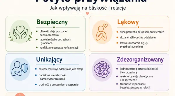 Styl przywiązania: Bezpieczny daje poczucie bezpieczeństwa, łatwo komunikuje potrzeby i granice. Konflikt nie kończy relacji.