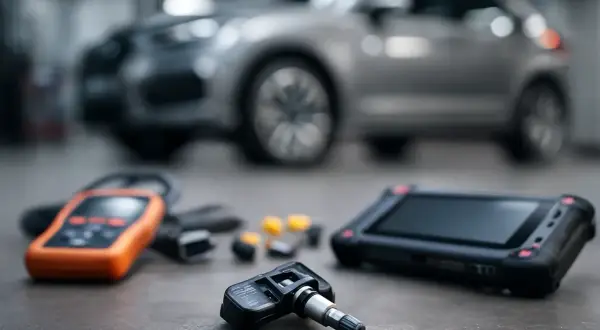 Outil de diagnostic pour réinitialiser pression pneu Clio 4. Capteur TPMS et appareil de programmation sur fond de voiture.