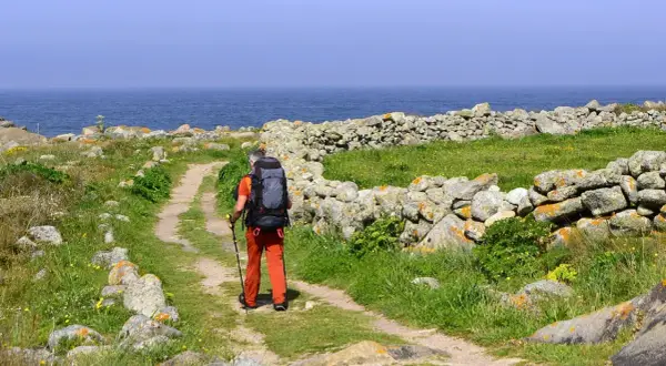 Pielgrzym z plecakiem idzie ścieżką wzdłuż kamiennego murku. Piękna trasa Santiago de Compostela nad oceanem.