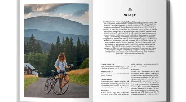 Kobieta z rowerem na tle gór i lasów. Planujesz rowerem na Hel? Ta książka pomoże Ci w podróży.