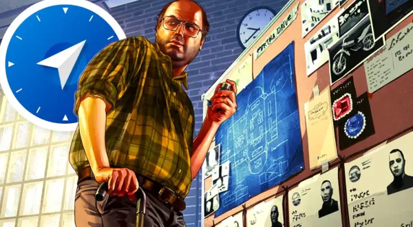 Trevor plant seine nächste Aktion, vielleicht mit Blick auf die GTA 5 Aktien. Ein Bauplan und Fotos von Verdächtigen hängen an der Wand.