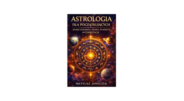 Okładka książki o astrologii z kołem zodiaku, planetami i gwiazdami.