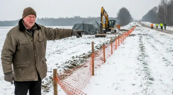 Mężczyzna wskazuje na teren budowy drogi, zastanawiając się, czy gmina może zabrać część działki. W tle koparka i pracownicy.