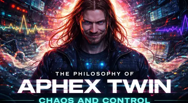 A man with long hair and a smirk stands amidst a chaotic, futuristic server room, surrounded by glowing screens and waveforms. The text reads "The Philosophy of Aphex Twin: Chaos and Control," hinting at the complex nature of his music and software.