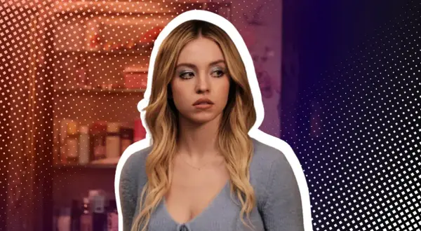 Sydney Sweeney in einem blauen Pullover, bekannt aus Serien wie Euphoria. Ihr Blick ist nachdenklich, während sie vor einem stilisierten Hintergrund steht.