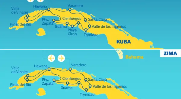 Mapa Kuby z trasami podróży. Wycieczka "LATO" i "ZIMA" przez wyspę jak wulkan gorąca, od Hawany po Trynidad.