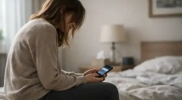 En kvinna sitter på en säng och tittar ner på sin telefon. Hon verkar ensam, kanske upplever atypisk depression.
