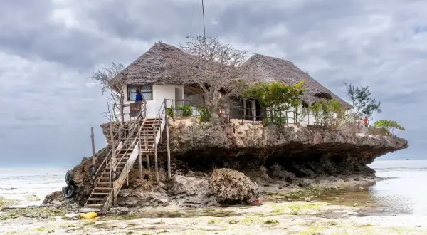Wyjątkowy dom na skale, idealne miejsce na zanzibar wakacje. Drewniane schody prowadzą do restauracji z trawiastym dachem.