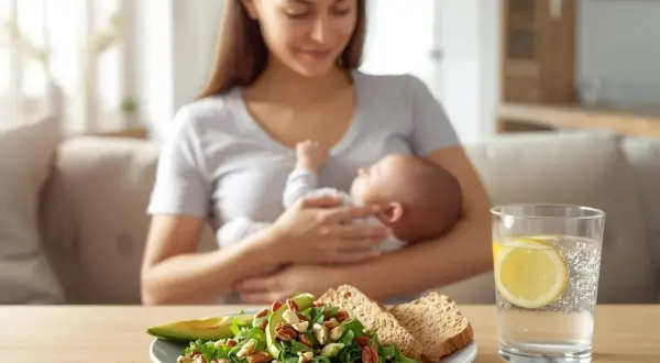 Karmienie piersią a dieta: zdrowa sałatka, pieczywo i woda z cytryną dla mamy.