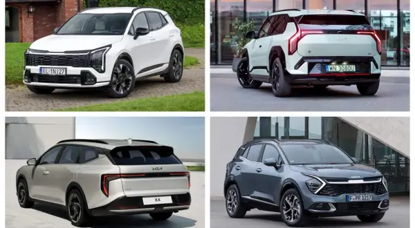 Cztery różne modele Kia: biały SUV z przodu, jasnoszary SUV z tyłu, srebrne kombi z tyłu i szary SUV z przodu.