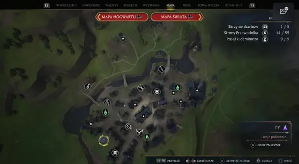 Mapa Hogsmeade z zaznaczonymi miejscami do odkrycia. Widoczne ikony skrzyń skarbów, stron przewodnika i posążków demimoza.