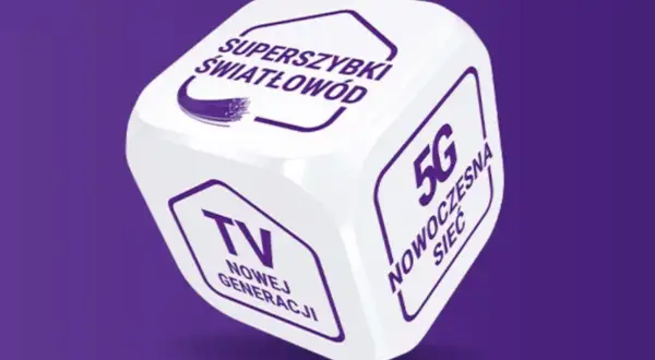 Kostka z napisami: superszybki światłowód, TV nowej generacji, 5G. Szybkie połączenia z infolinią Play to klucz do nowoczesności.