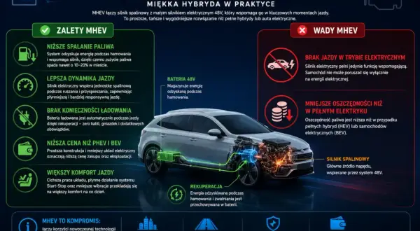 MHEV: zalety i wady. Miękka hybryda łączy silnik spalinowy z elektrycznym 48V, oferując niższe spalanie i lepszą dynamikę. To kompromis między tradycyjnymi autami a elektrycznymi.