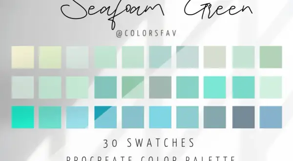 A Procreate color palette featuring 30 swatches in a seafoam color palette, ranging from pale yellow-greens to deep blues.