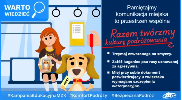 Dziewczyna z kotem w transporterze i pies z biletem w autobusie. Czy pies musi mieć bilet w autobusie? Tak, jeśli podróżuje. #KampaniaEdukacyjnaMZK