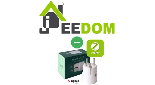 Prise connectée Jeedom Zigbee, avec sa boîte et le logo de la marque.