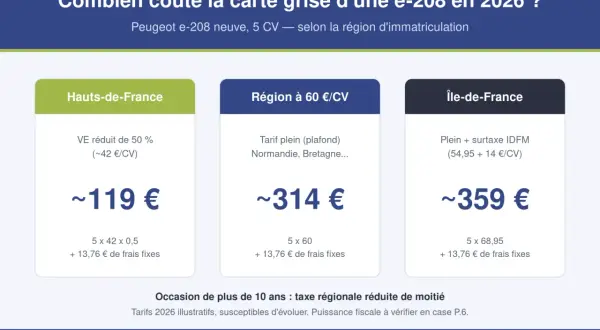 Comparatif des coûts de la carte grise d'une Peugeot e-208 neuve (5 CV) en 2026, selon la région.