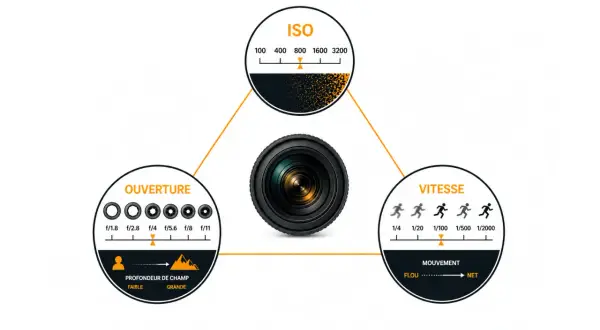 Schéma expliquant la photographie technique : ISO, ouverture et vitesse. Un objectif est au centre, relié à des cercles illustrant ces concepts.