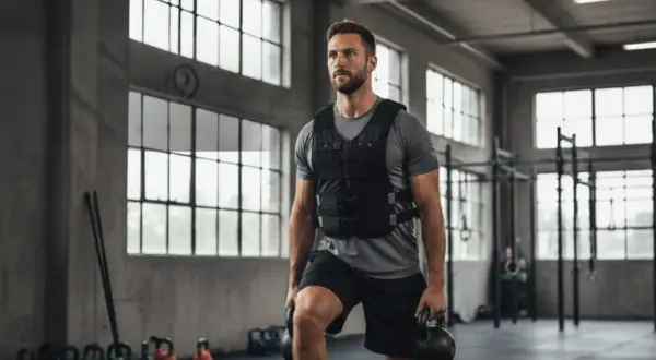 Mann mit Gewichtsweste im Alltag, hebt Kettlebells im Fitnessstudio.
