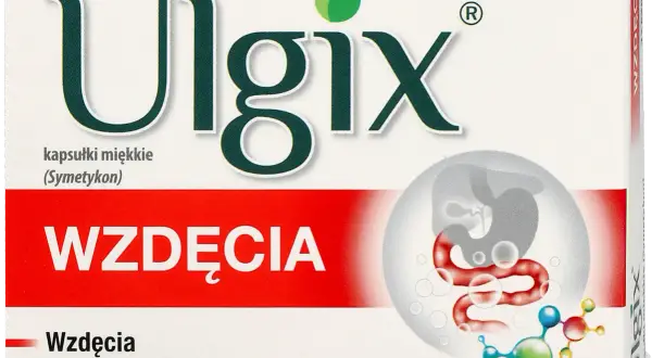 Opakowanie leku Ulgix na wzdęcia, z grafiką układu pokarmowego i molekułą symetykonu.