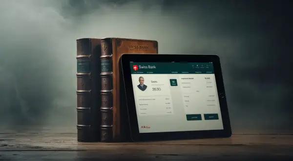 Stare księgi i tablet z aplikacją Swiss Bank. Dowiedz się, jak założyć konto w Szwajcarii, korzystając z nowoczesnych rozwiązań.