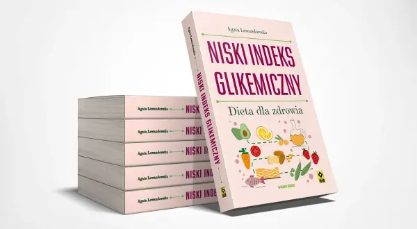 Książka "Niski indeks glikemiczny. Dieta dla zdrowia" Agaty Lewandowskiej, z grafikami awokado i innych zdrowych produktów.