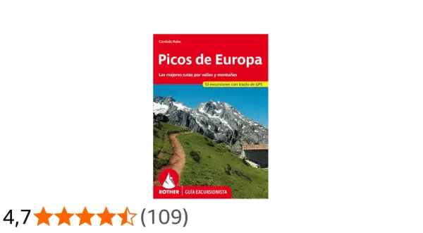 Guía de randonnée Picos de Europa con 52 rutas y tracks GPS. Paisaje montañoso con sendero y casa rural.