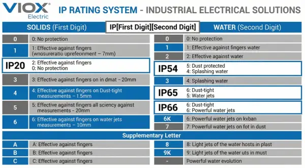 Tableau du système de classification IP VIOX. IP30 indique une protection contre les doigts et aucune protection contre l'eau.