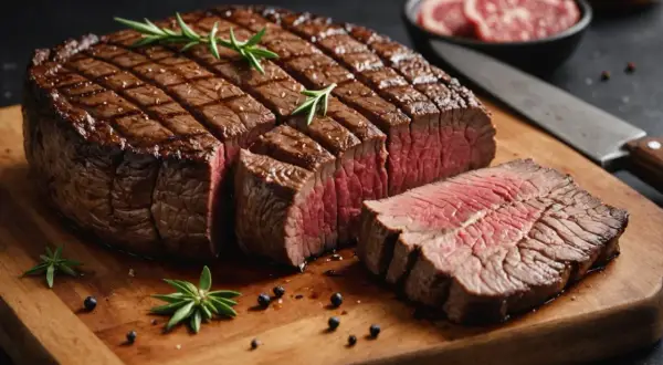 Un délicieux pave de lieu, grillé à la perfection, coupé en tranches rosées, garni de romarin et de grains de poivre sur une planche en bois.