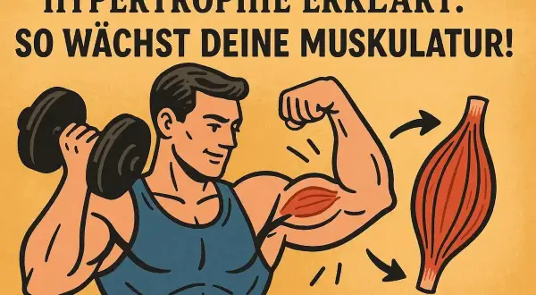 Mann hebt Hantel, zeigt Bizeps. Pfeile zeigen auf Muskel, der wächst. Hypertrophie erklärt: So wächst deine Muskulatur!