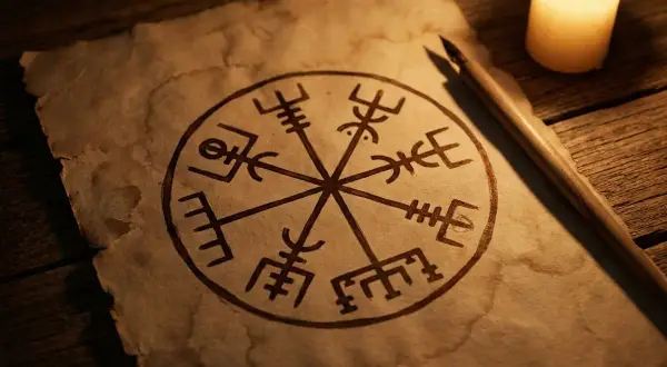Starożytny symbol vegvisir narysowany na pożółkłym pergaminie, obok świecy i pióra.