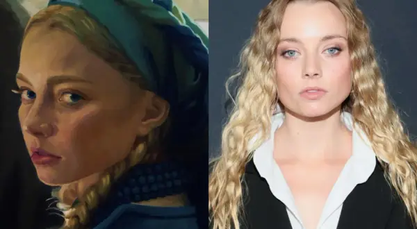 Obok obrazu z Jagną w niebieskim nakryciu głowy, zdjęcie współczesnej kobiety z falowanymi blond włosami.