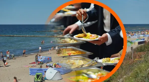 Plaża z ludźmi i bufet z jedzeniem w tle, wszystko w pomarańczowej ramce.