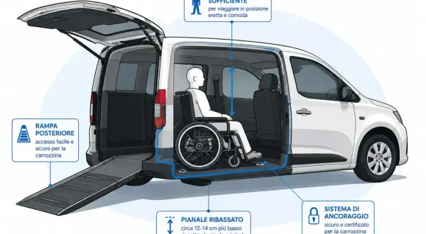 Veicolo accessibile con rampa, pianale ribassato e **sistemi di ritenuta** sicuri per carrozzina e occupante. Spazio interno sufficiente per viaggiare comodi.